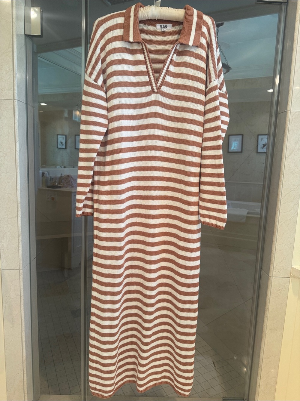 525 America Striped Polo Knit Maxi Dress in Cream & Brown